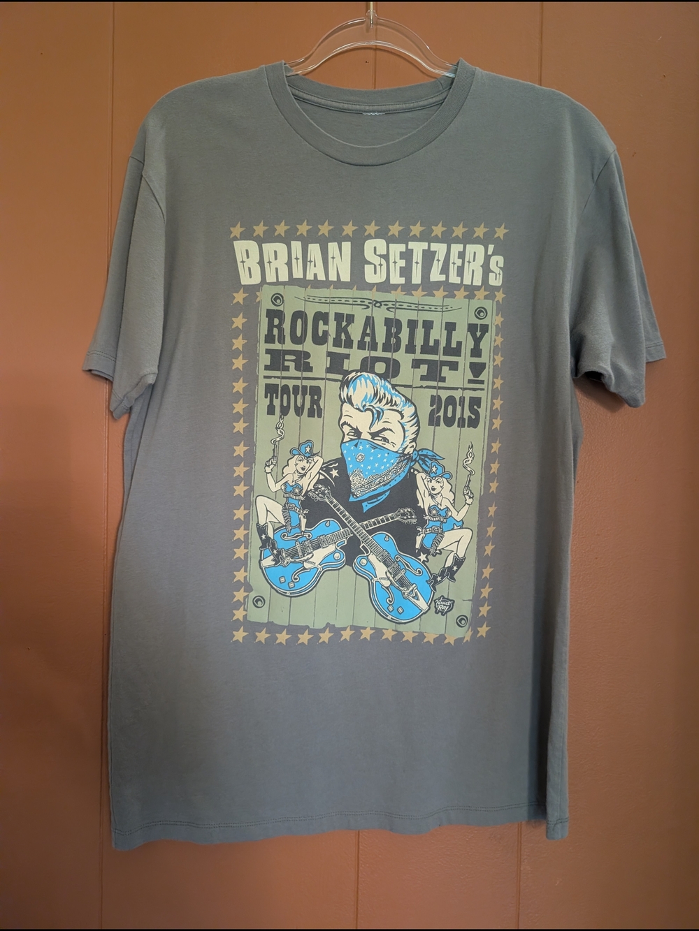 Brian Setzer's Rockabilly Riot Tour 2015 Graphic Band T-Shirt Gray Men's XL